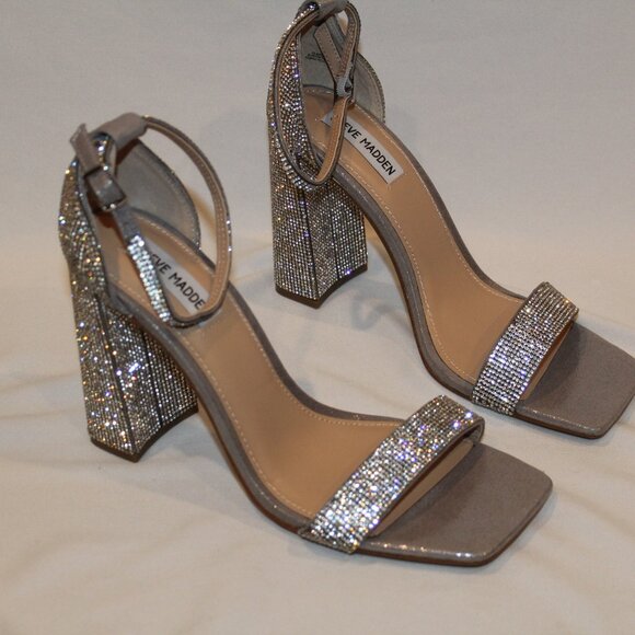 NEW STEVE MADDEN SILVER RHINESTONE BLOCK HEEL STRAPPY SANDALS‎ SIZE 10 - Picture 1 of 5